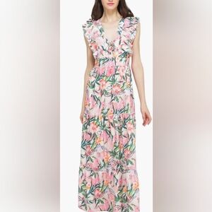 🔥 America & Beyond Paradise Green and Pink Botanical Floral Tropical Dress- L